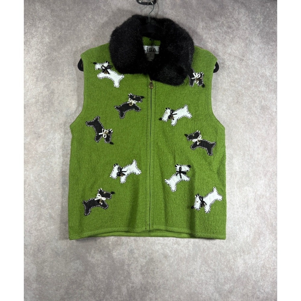 Vintage Lisa International Vest M Green Scottie Dog Boiled Wool Faux Fur Collar